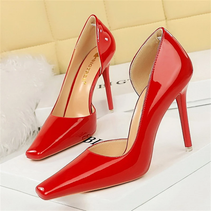 BIGTREE Autumn Simple Slim High Heels Casual Women's Shoes Bright Surface Patent Leather Shallow Mouth Square Head Woman Pumps