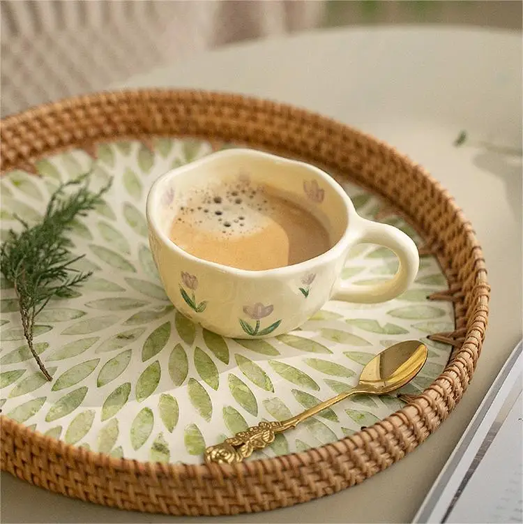 

Korean Style Ceramic Coffee Mugs Hand Pinched Irregular Flower Milk Tea Cup Cream Yellow Oatmeal Breakfast Mug Drinkware Kitchen