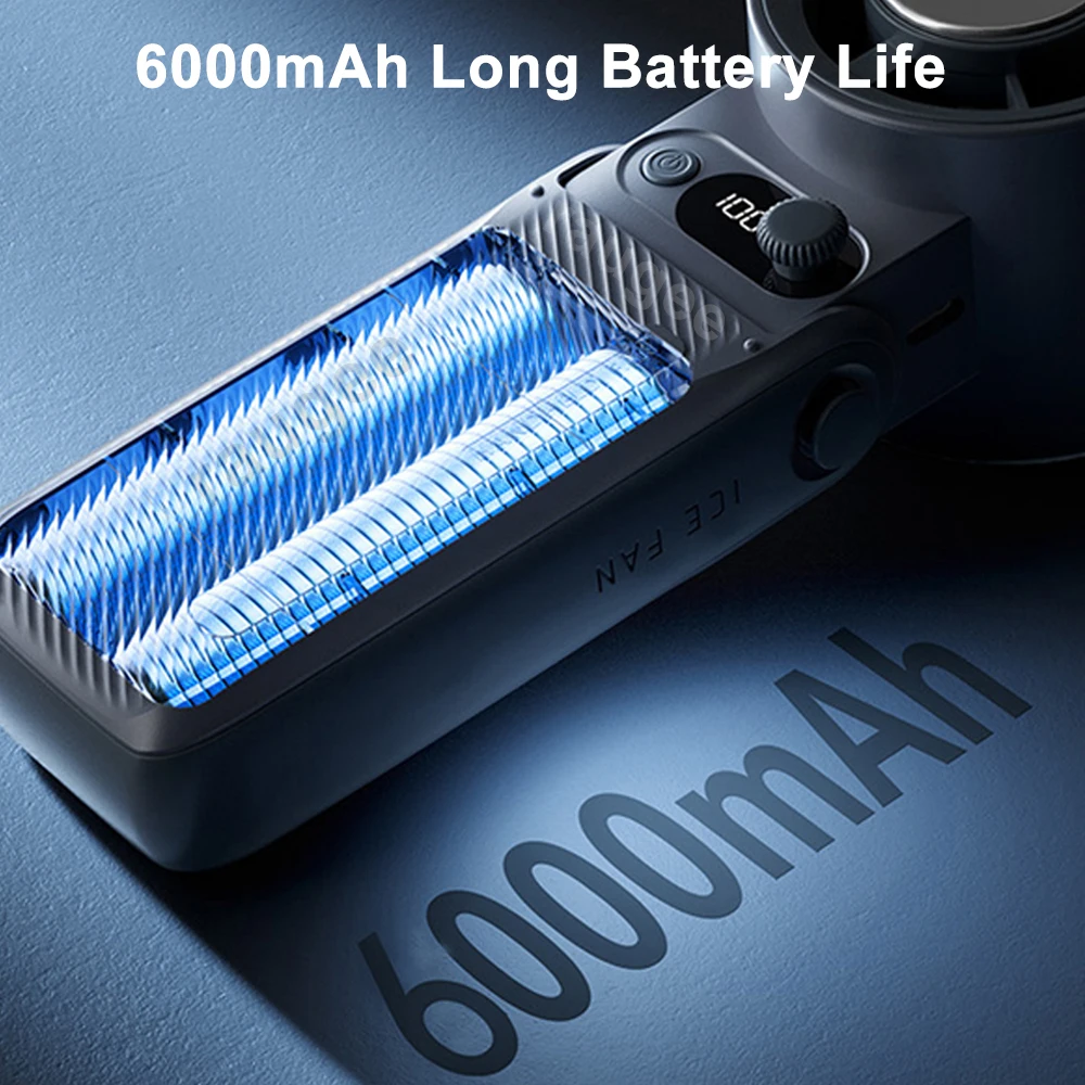 Mini Handheld Fan 6000mAh Rechargeable Battery Portable Fan Foldable Hanging Neck Fan Hand Held Outdoor Camping Ice Cooling Fan