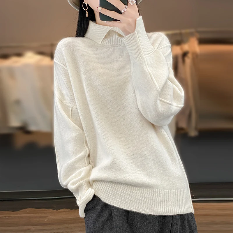 

BELIARST Spring New Cashmere Sweater Women's Doll Neck Pullover Knit Top 100% Merino Wool Sweater Fashion Korean Version Loose