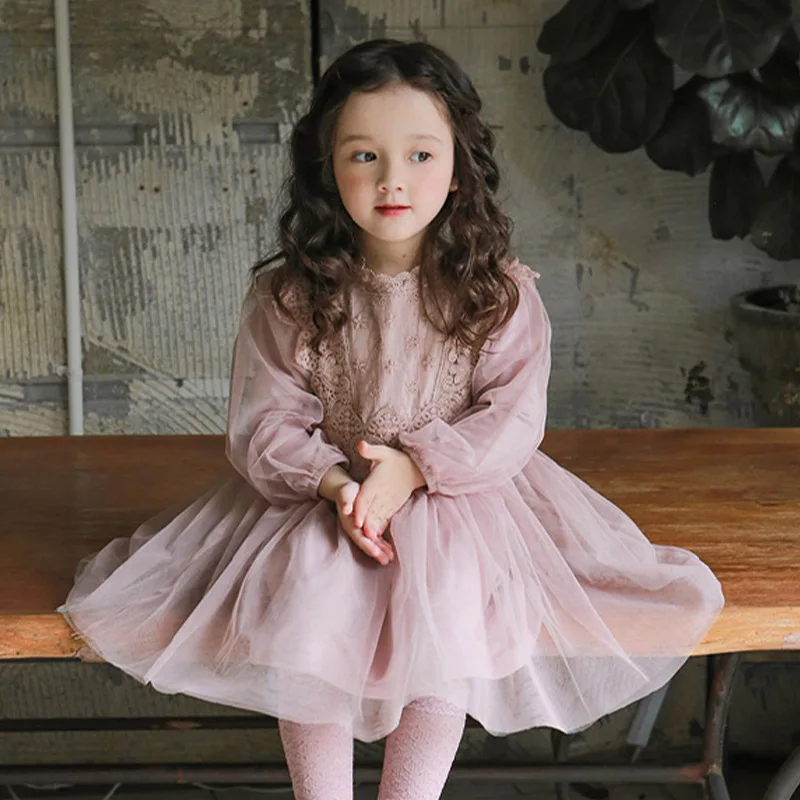 Girls Spring Princess Dress Cute Lace Collar Tulle