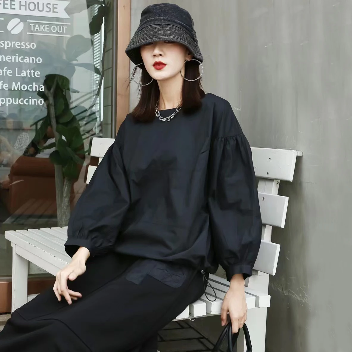 

210840 Casual Loose Women Blouse Solid Color Fashion Simplicity Temperament O-neck Pullover Nine Quarter Lantern Sleeve