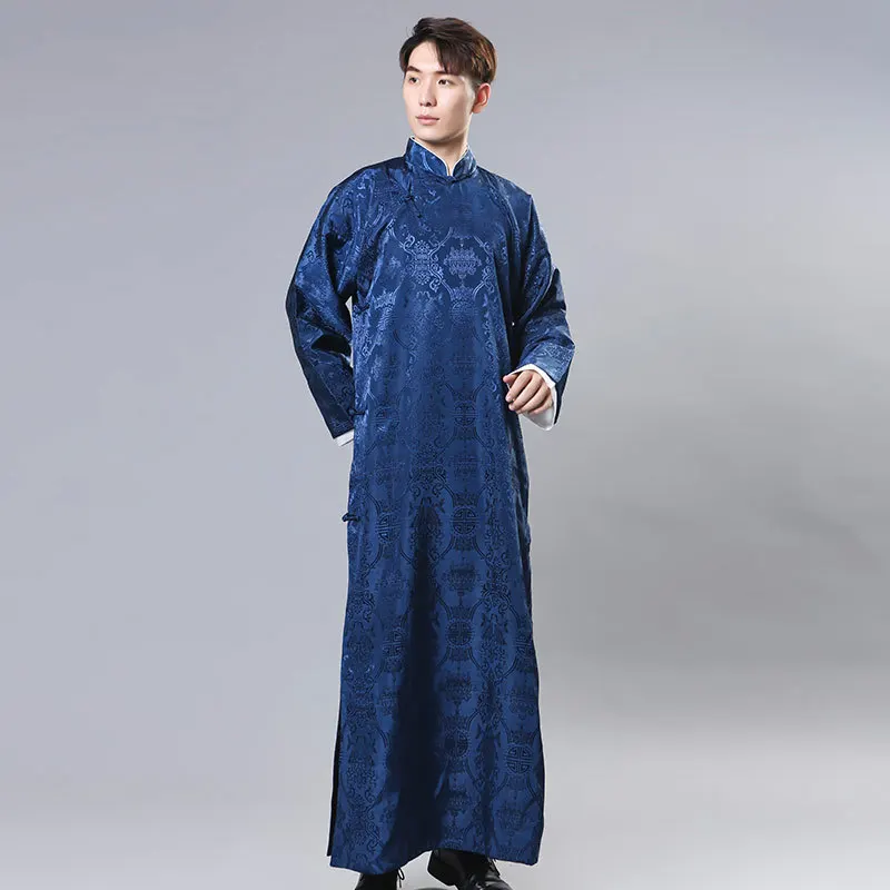 Men Chinese Traditional Style Tang Suit Long Robes Crosstalk Stage Costume Groomsman Retro Red Print Qipao Dress Gown