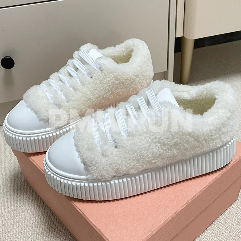 

Women Flat Shoes Spring Autumn 2023 New Unique Platform Design Plush Upper Round Head Casual Shoes Simplicity Versatile Loafers
