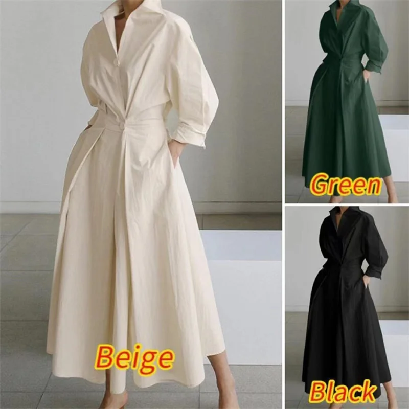 Abito con maniche a camicia con colletto POLO Abiti maxi larghi oversize da donna Streetwear Abiti a trapezio in cotone e lino Big-hem Primavera Estate - immagine 2