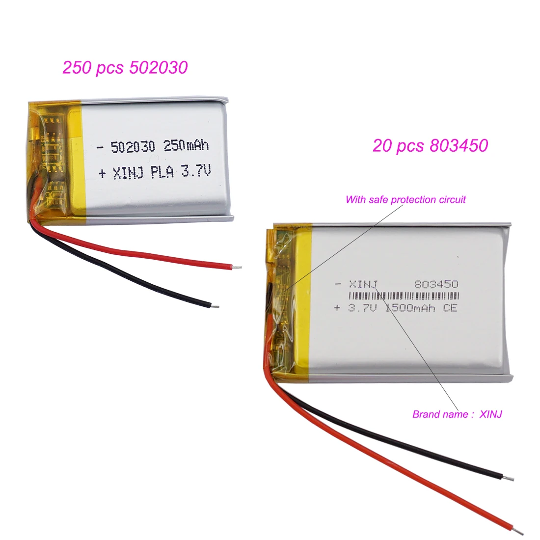 

250pcs 3.7V 250mAh 502030 + 20pcs 803450 3.7v 1500mah Li-Polymer Rechargeable Li Lithium Lipo Battery Cell