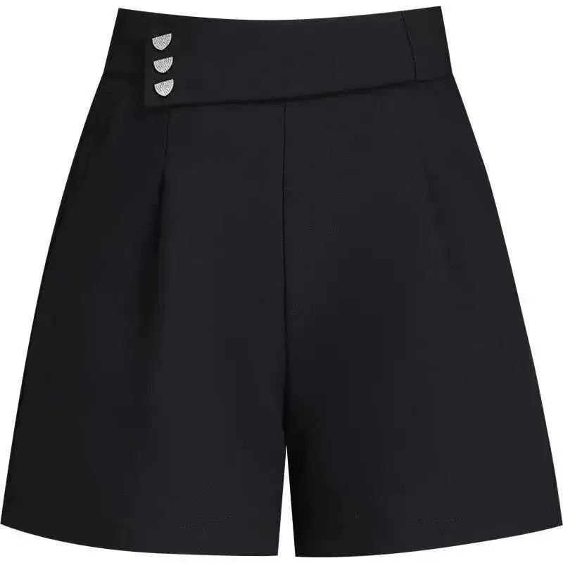 Summer New Women's Solid Color Elastic High-waisted Sequined Pockets Wide Leg Pants Commute Fashion Loose Straight Casual Shorts