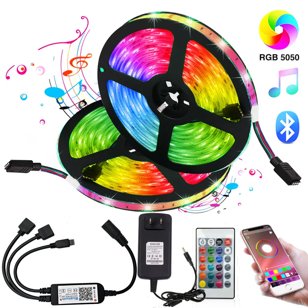 

Led Strip Light Kit 5M/10M/20M Bluetooth Control And Sync Music Flex Rope Ribbon DC 12V RGB Tape Diode With Power Plug EU US UK