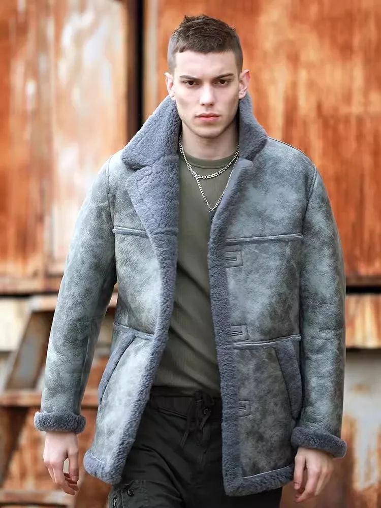 Winter Thick Warm Mens Real Fur Pilot Jacket Original Eco Middle Long Street Motorcycle Overcoat Genuine Leather Shearling Coat