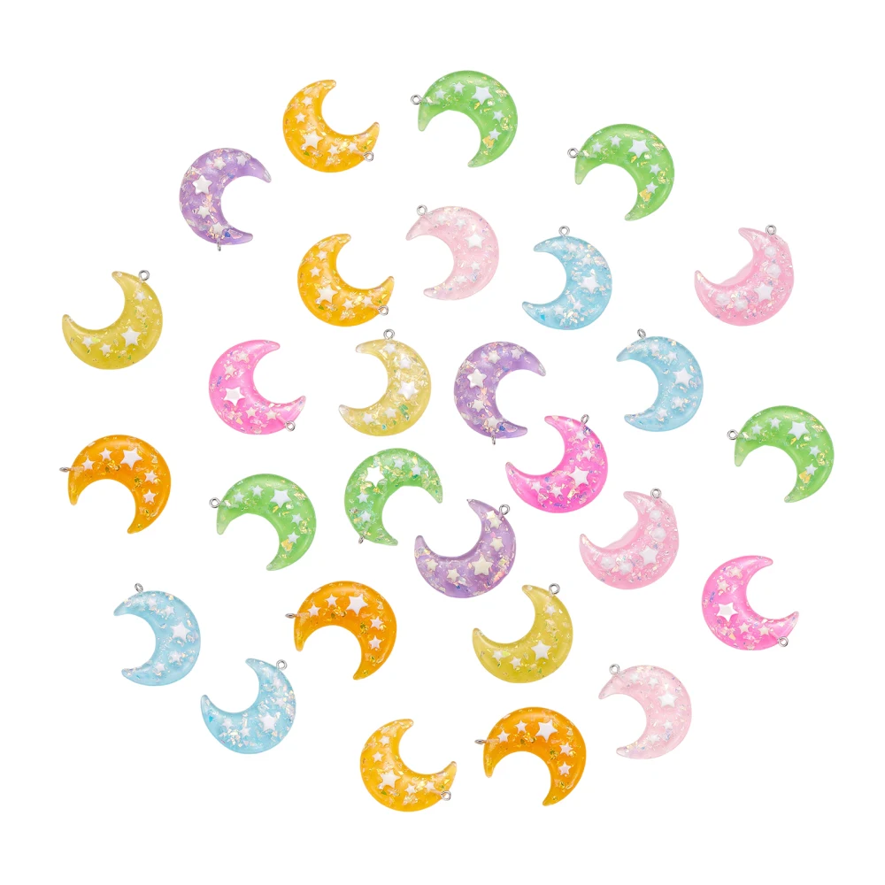 28Pcs 7 Colors Moon Charms with Star Sequins/Paillette Sparkly Glitter Resin Charms Bulk for DIY Craft Adults Jewelry Making