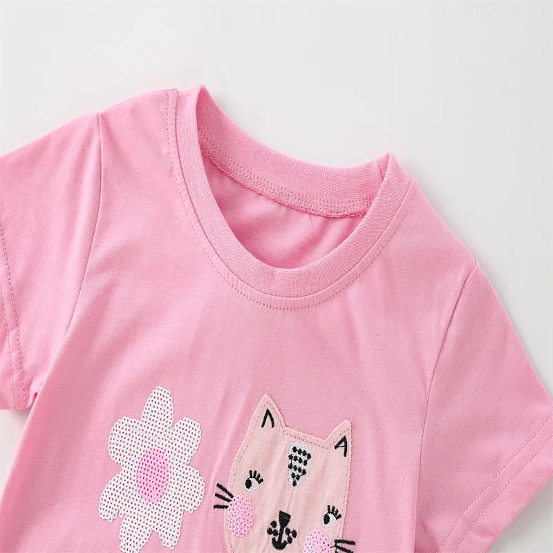 Jumping Meters 2-7T Animals Embroidery Summer Girls T Shirts Short Sleeve Kids Tees Tops Baby Costume Children's Clothes Shirts 2