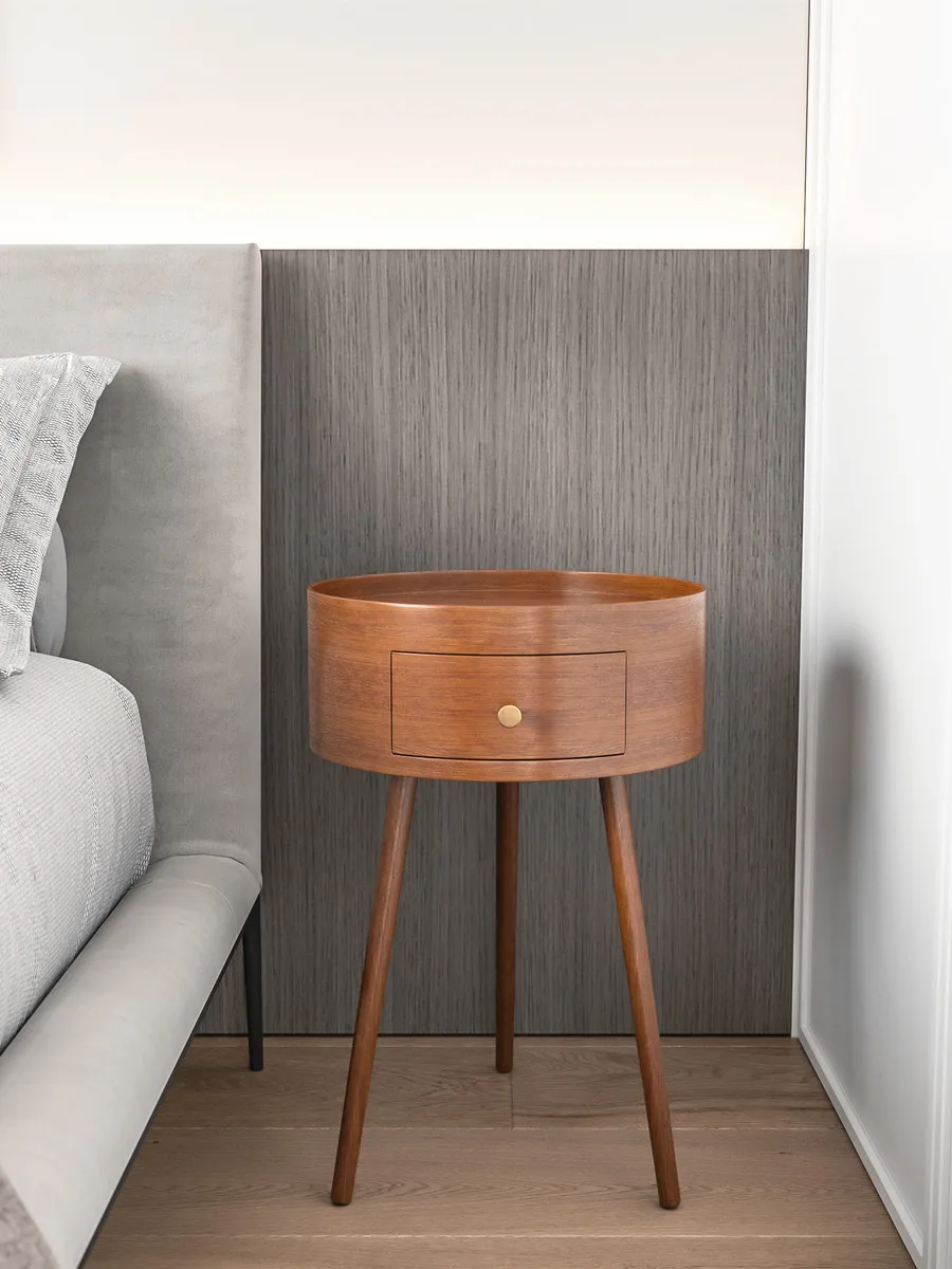 Nordic Style Wooden Nightstand, Bedside Table with Simple Drawer, Small Round Coffee Table for Bedroom, Corner Table, End