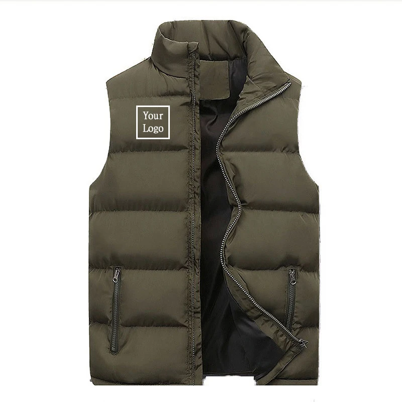 Custom Logo Winter Men Vest Cotton Casual Sleeveless Stand Thick Clothes Solid Color Vest Jacket Male