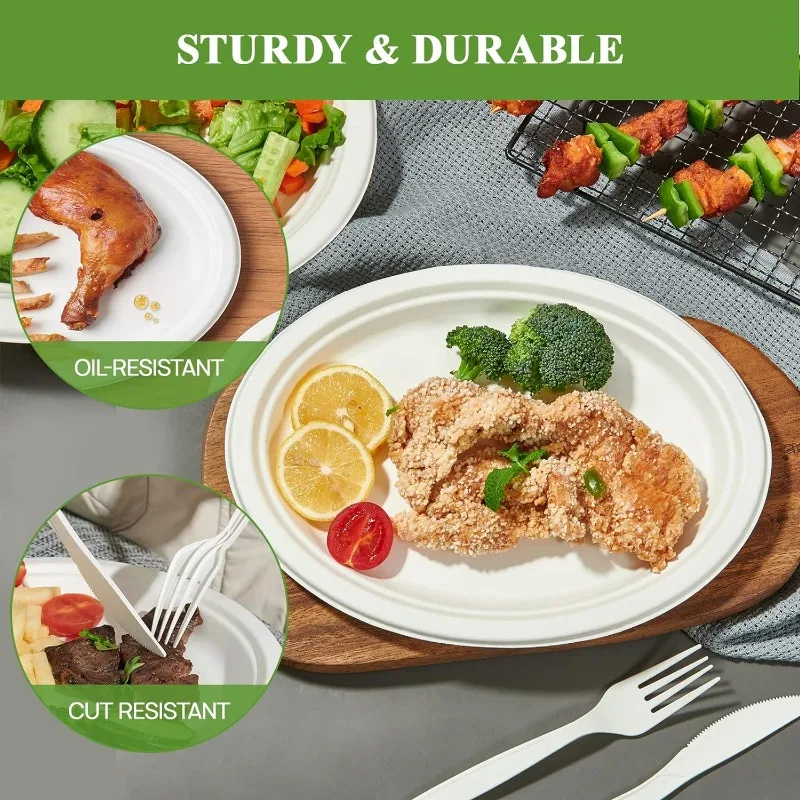 100% Compostable Oval Paper Plates 12 inch 125 Pack Super Strong Disposable Paper Plates Bagasse Natural Biodegradable