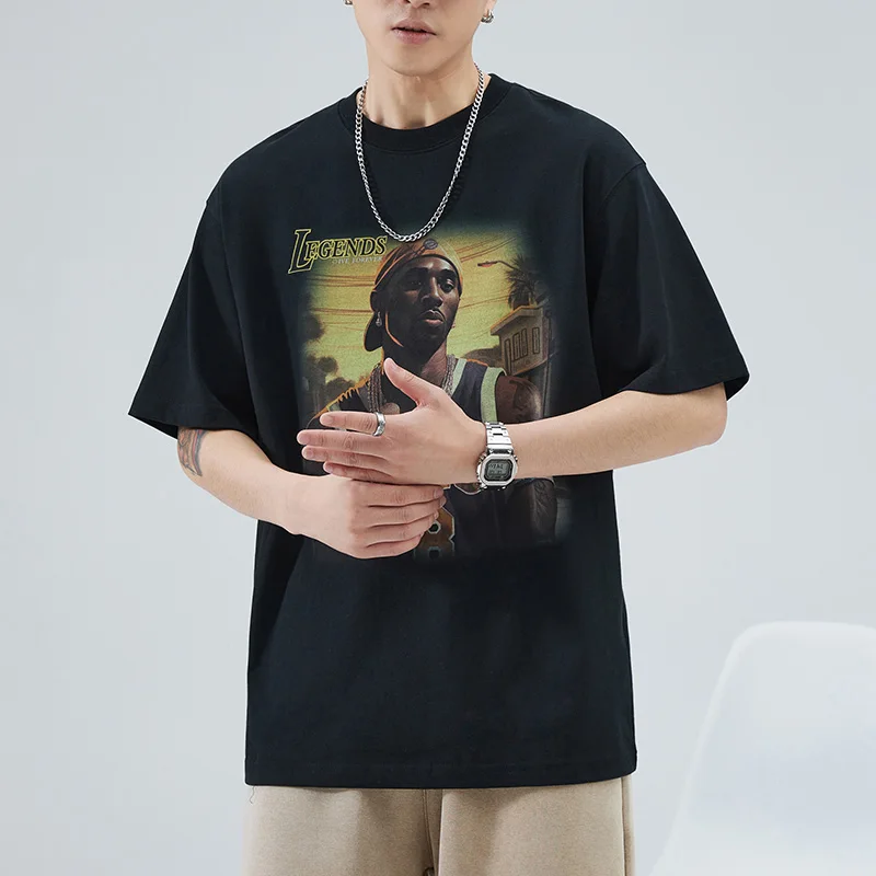 

2024 new hip hop fashion short-sleeved T-shirt men's summer pure cotton loose plus size Street fashion printed casual top