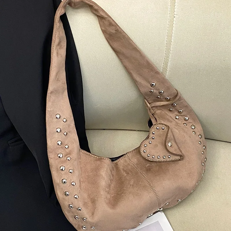2025 new retro rivet decorative shoulder bag European and American motorcycle Nubuck leather armpit handbag for women
