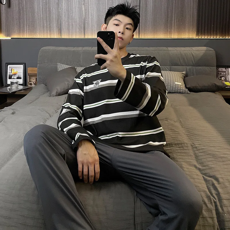 Stripe Pant Men's Sleepwear Cotton Spring Autumn Nightwear 2 Piece Set Homewear Youth Boy Pyjamas pijama hombre Freeship
