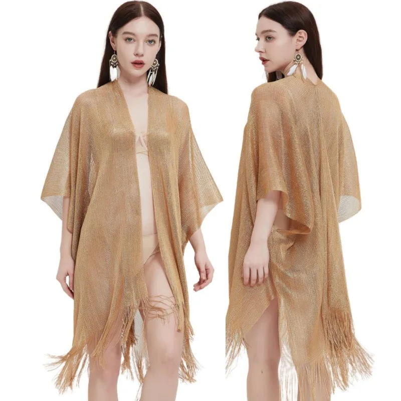 

New Cuffed Tassel Cape Solid Summer Transparent Thin Shawl for Women