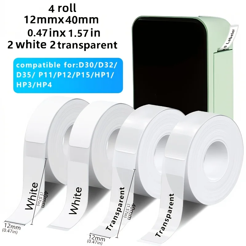 12×40mm 투명 및 흰색 알코올 방지 자가 접착식 열전사 라벨, 사무실, 가정, 선물, 스위치, 이름표용 D30 P15 호환