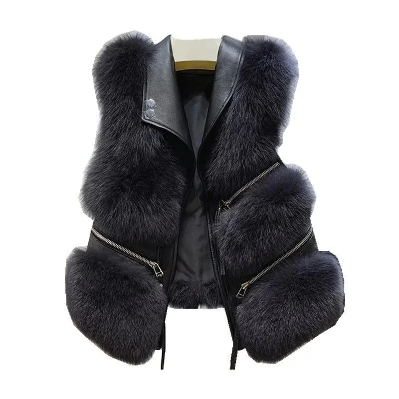 Feminina sem Mangas com Decote em v Mulheres Inverno Moda Couro Falso Pele Colete Costura Multi-zip Fechado Cabolsas Quentes Sólidos Jaqueta pu 12 Computers & Electronics