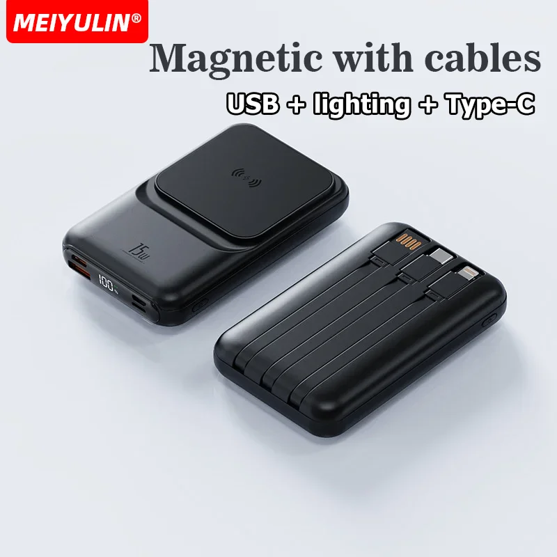

10000mAh Magnetic Wireless Power Bank With Cable USB C Fast Charger Portable External Spare Battery For iPhone Xiaomi Samsung