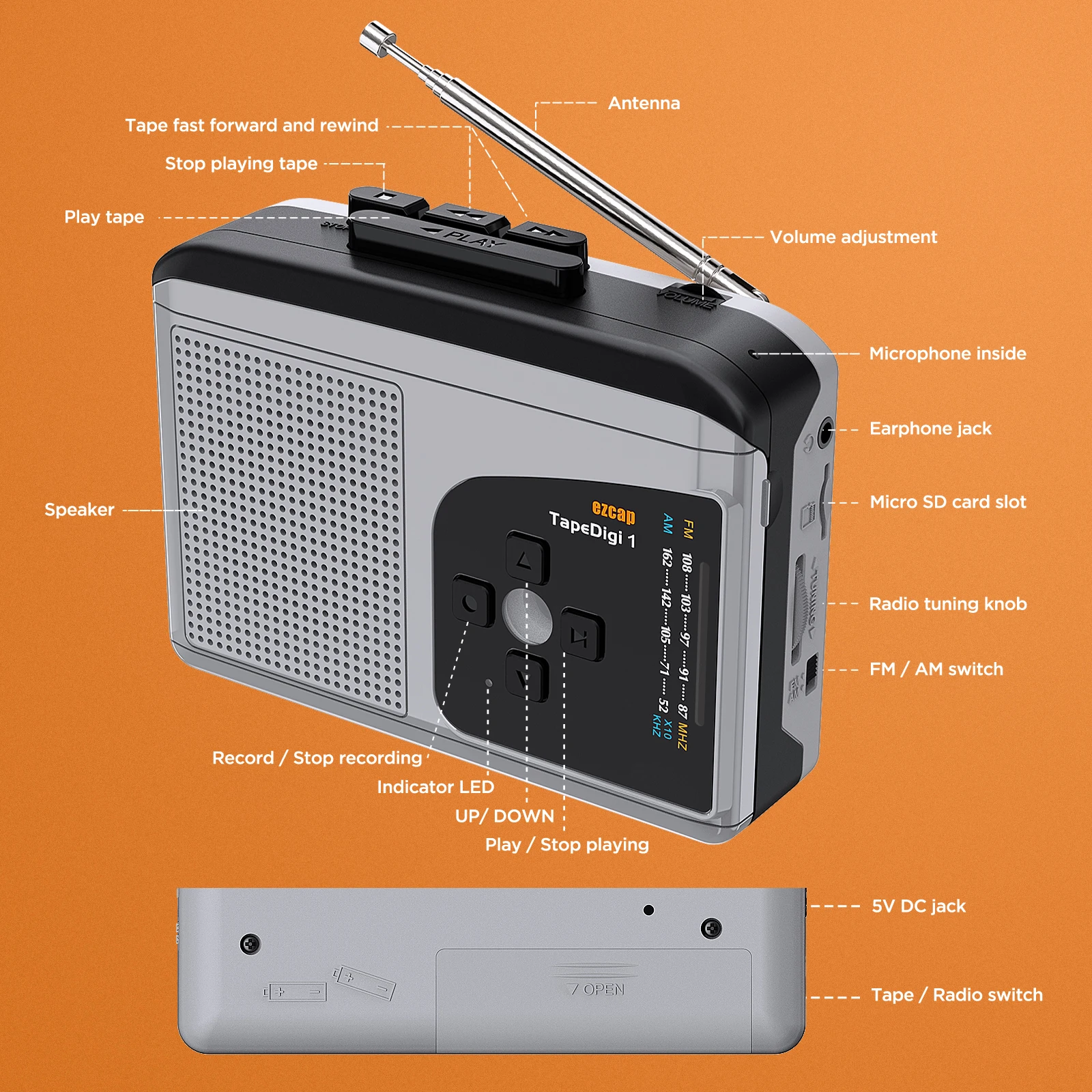 234 Cassette Tape Player Portable AM FM Radio Cassette Tape-to-MP3 Converter Sound Recorder Built-in Speaker w/ Headphone Jack