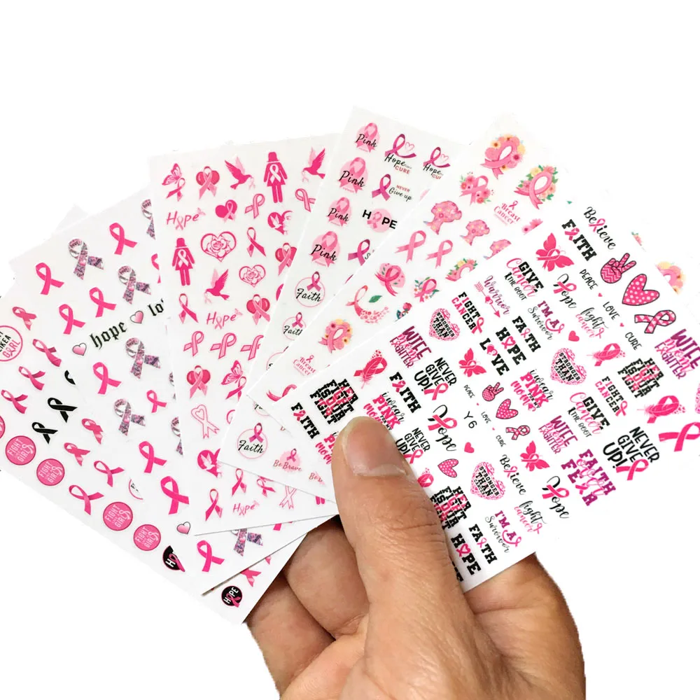 

6Pcs/Set Breast Cancer Awareness Day Nail Art Sticker World Love Breast Health for Women Pink Ribbon Faith Hope Fight Decals