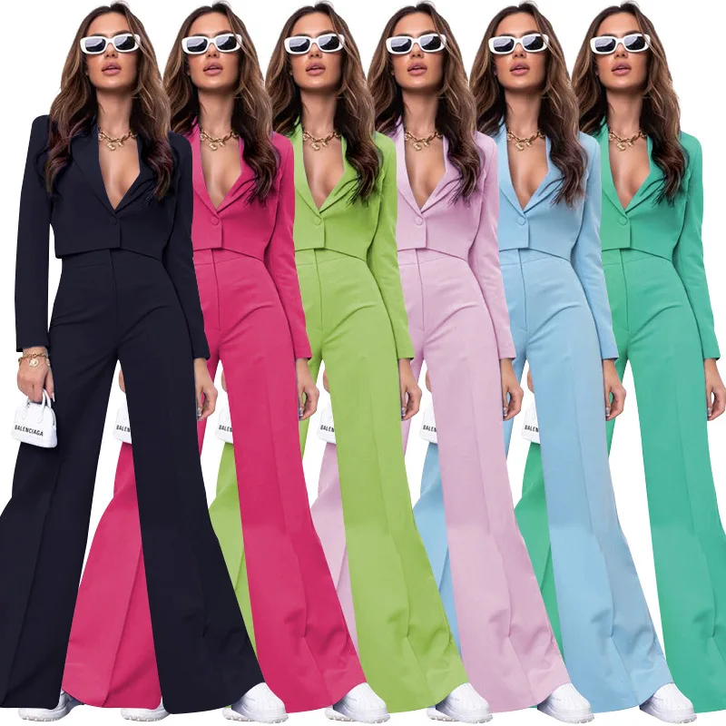 

Solid Color Long Sleeved Suit Short Tops Trousers Suit Elegant Women's Sets Autumn Winter New High Waist Wide Leg Trouser Suit