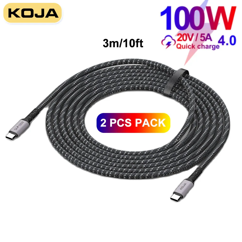 

2 Pieces PD 100W 5A USB C To USB C Cable 3m/10ft For Xiaomi 14 Ultra Iphone 15 Samsung Phone Charger Fast Charge USB Data Cord