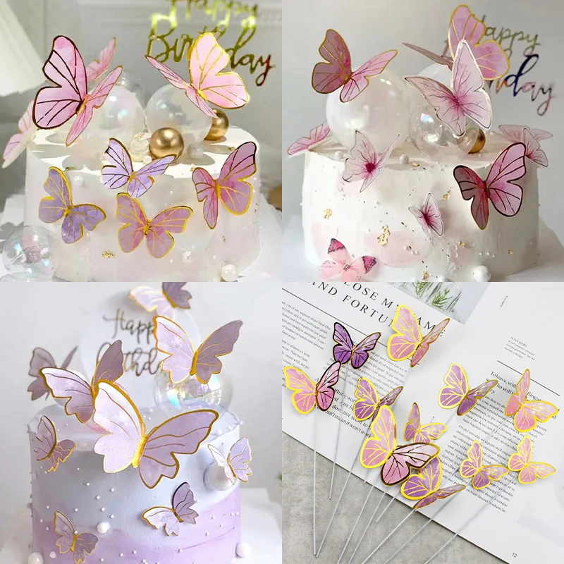 

1000pcs Beautiful Ins Wind Bronzing Paper Three Dimensional Butterfly Cake Decor Pink Purple Wire Butterfly Baking Cake Decor