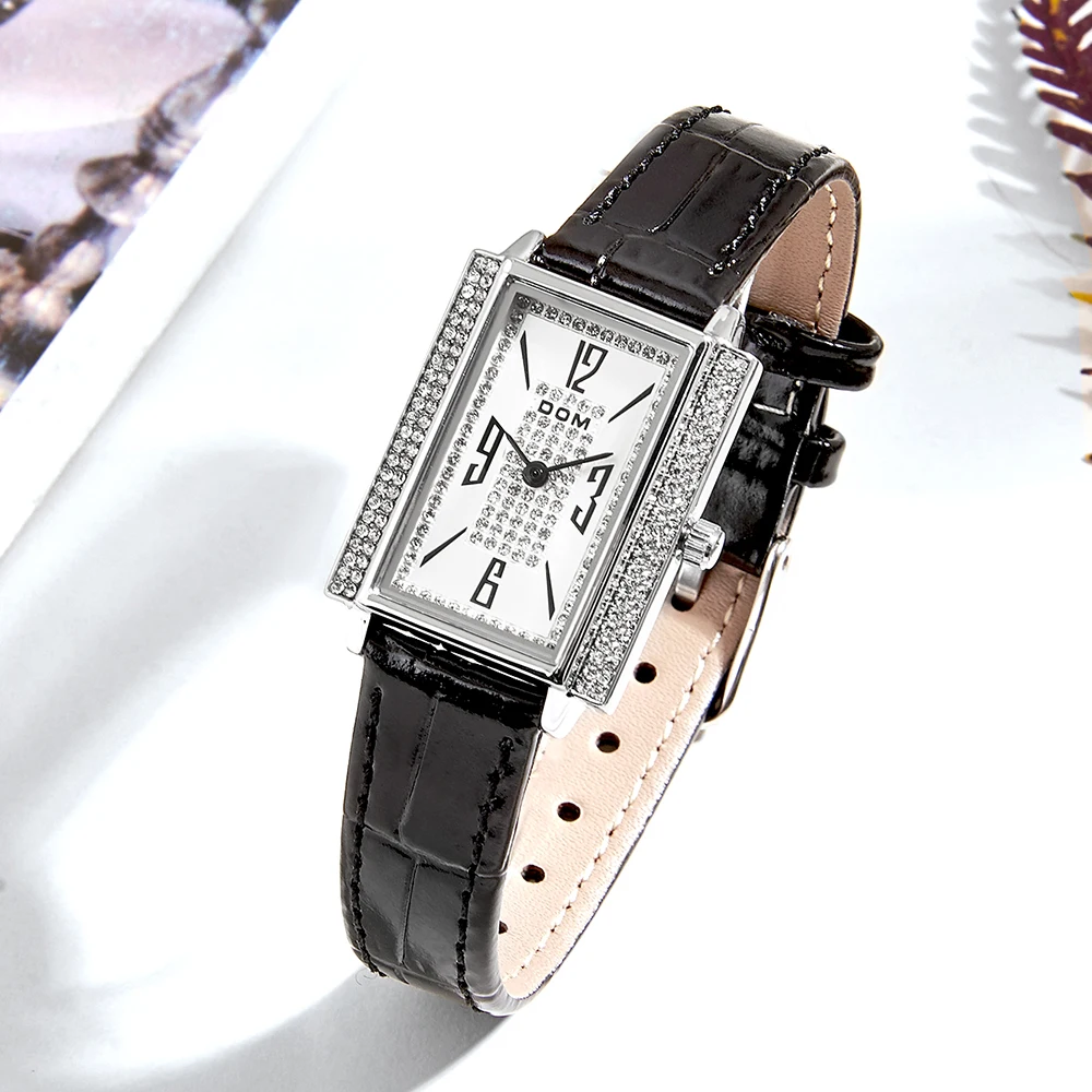 DOM new classic black small square watch woman for watch fashion light luxury casual Leather watch female clock G-1397