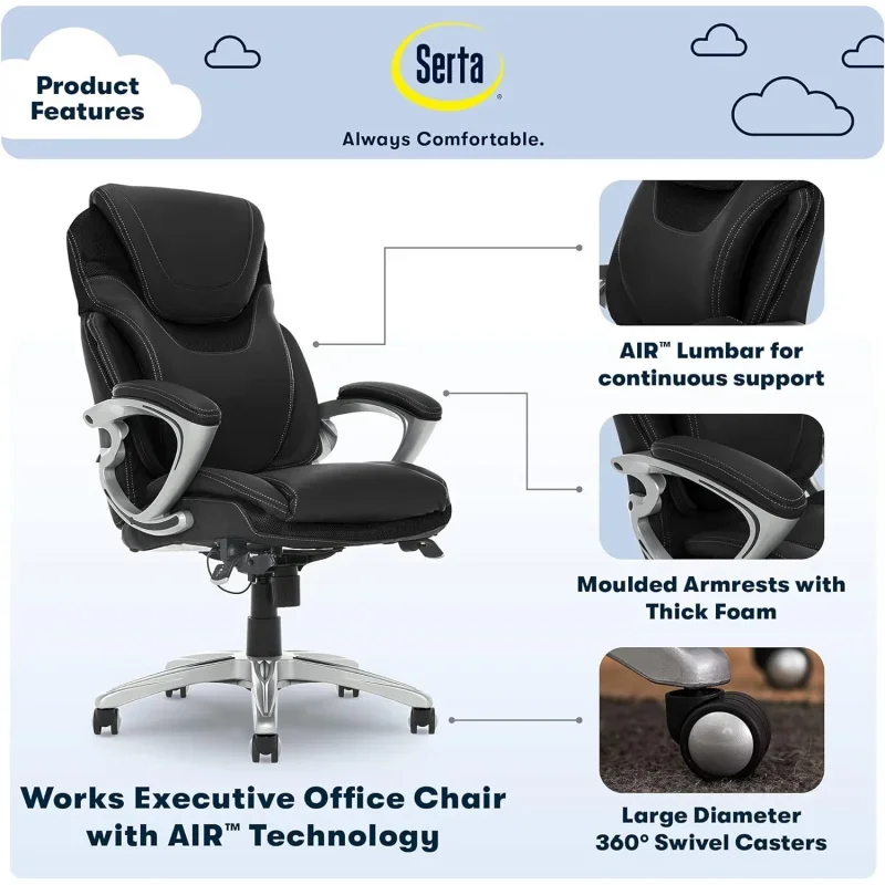 Serta Bryce Executive Office Chair, Ergonomic Computer DeskChair with Patented AIR Lumbar Technology, Comfortable LayeredP