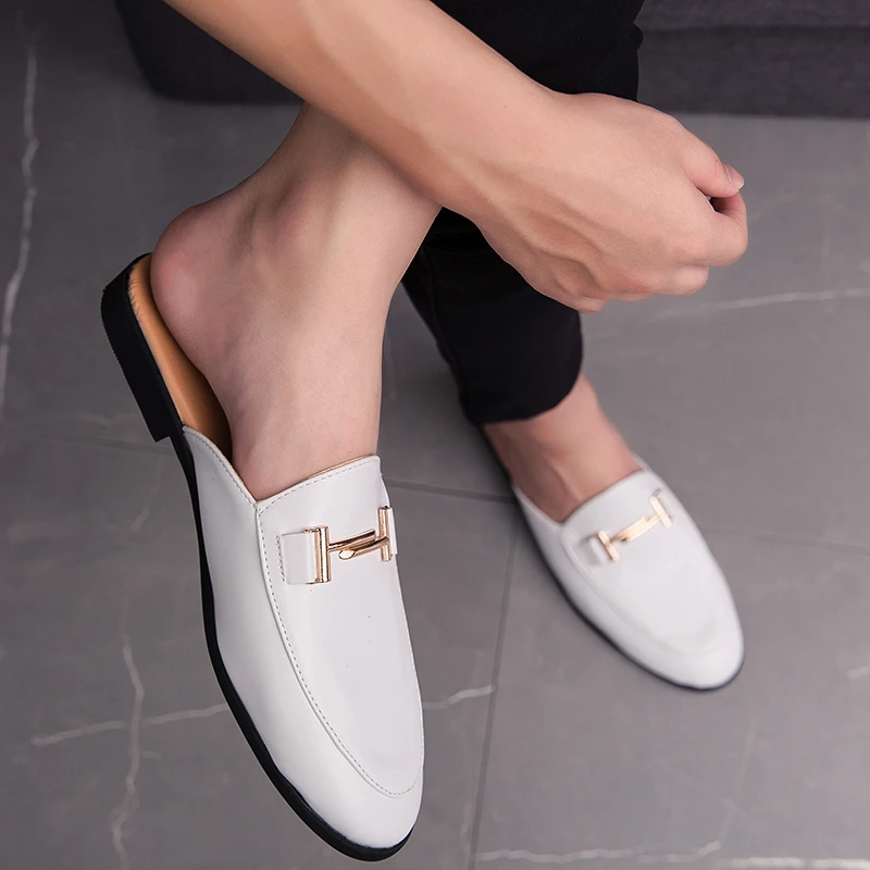 

Fashion Men's slip-on half Slippers 2022 High Quality Leather men shoes classic Mules Non-slip half shoes Summer white Moccasins