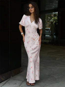 Tossy French Vintage V-Neck Puff Sleeve Satin Dress Women Elegant Floral Print Ruched Mermaid Maxi Sundress Fairycore Robe 2026