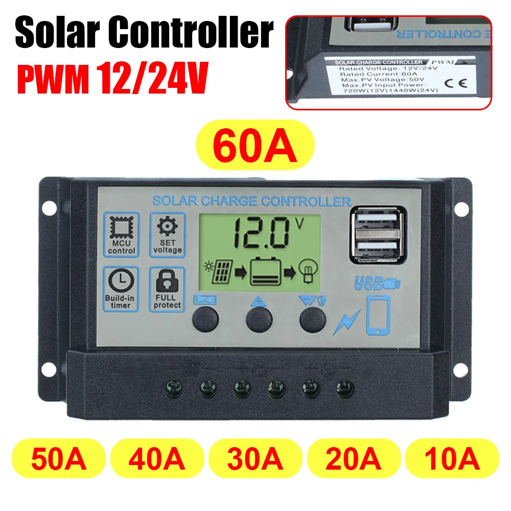 

PWM 12V/24V Auto Solar Panel Charge Controller LCD Dual USB Panel Output 5V Output Solar Panel Regulator 60A/50A/40A/30A Charge