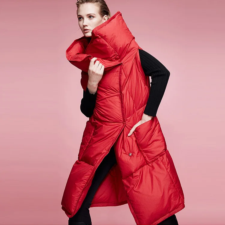 thumbnail image 1 of Chaleco de plumón nuevo para mujer, chaqueta de plumón de pato blanco grueso de 90 grados, diseño de solapa de moda, bolsillo grande, chaqueta de plumón larga cálida de invierno para mujer, 1 of 5
