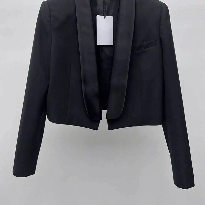 

Женский короткий шерстяной Блейзер, черный блейзер, модный приталенный костюм с тонким воротником, летняя Новинка, наплечная подкладка, высококачественная одежда