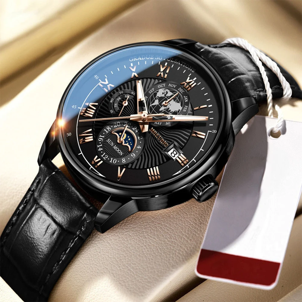 Luxury Man Watch Waterproof Chronograph Moon Phase Pattern Luminous Quartz Wristwatch Leather Strap Men Casual Clock