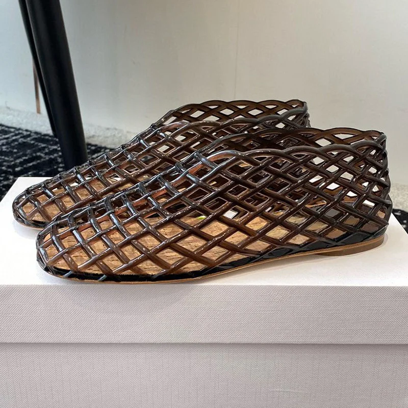 Summer Fashion Plastic Jellies Single Shoes Women Woven Mesh Ballet Flats Sandals Round Toe Transparent Hollow Design Beach Shoe