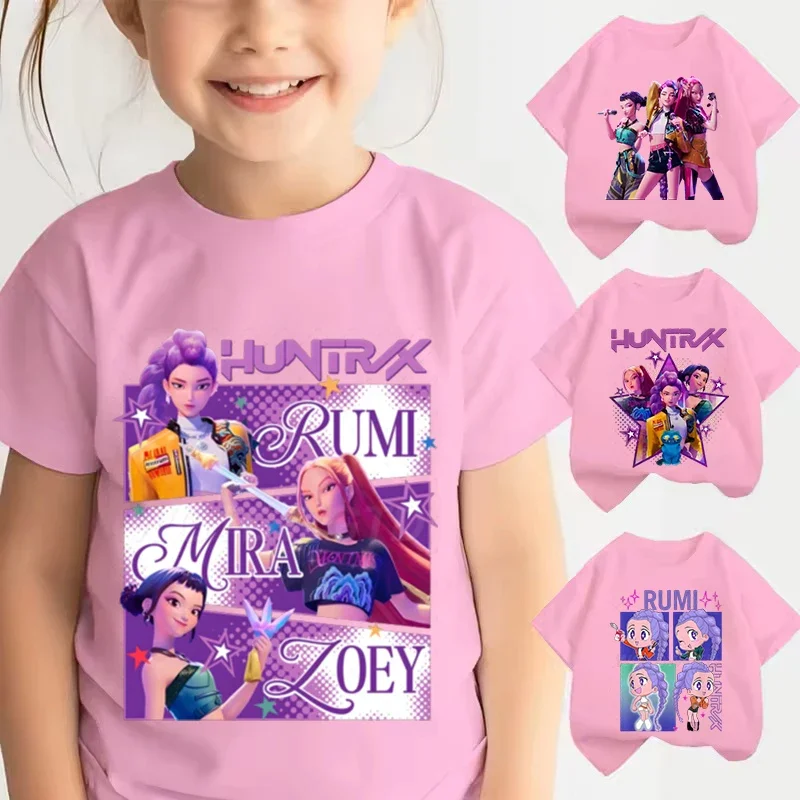 KPop Demon Hunters Rumi Mira Zoey T-shirts pour enfants, vêtements d'été pour enfants, vêtements de dessin animé, hauts à col rond, t-shirts à la mode pour filles