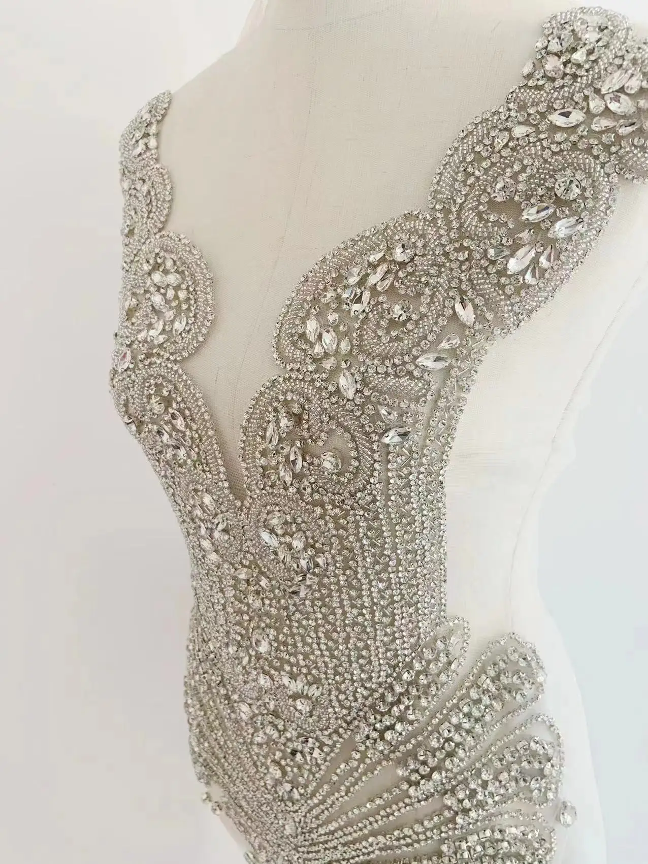 

Sparkle Silver Rhinestone Applique Large Luxurious Clear Crystal Beads Bodice Mesh Patch for Couture,Ball Gown,Full Body Jewelry