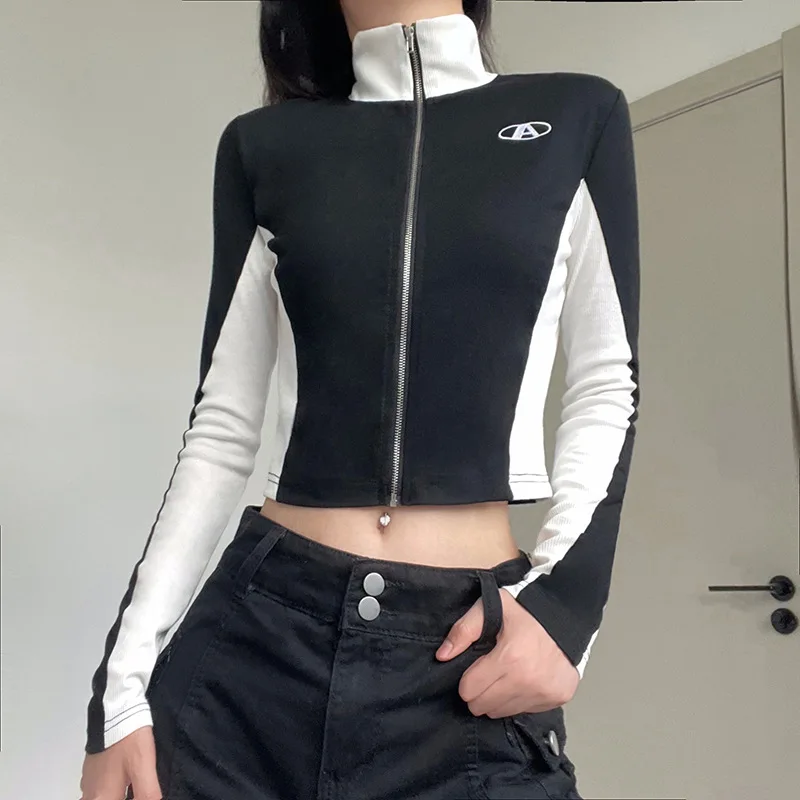 

Stitched Y2k T-shirt 2023 Autumn Fashion Zip Up Turtleneck Gothic Crop Top Cardigan Streetwear Punk Style Women T Shirts