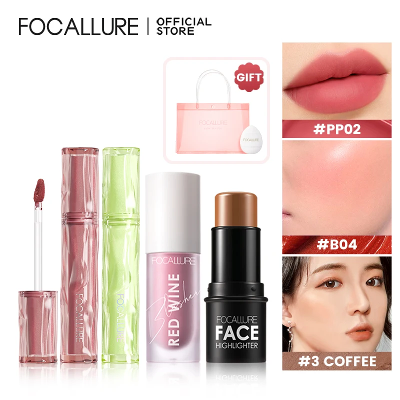 

FOCALLURE 6 Pcs Makeup Set Lip Gloss Lipstick Face Blush Stick Bronzer Highlighter Makeup Pen Makeup Puff Cosmetics With PVC Bag