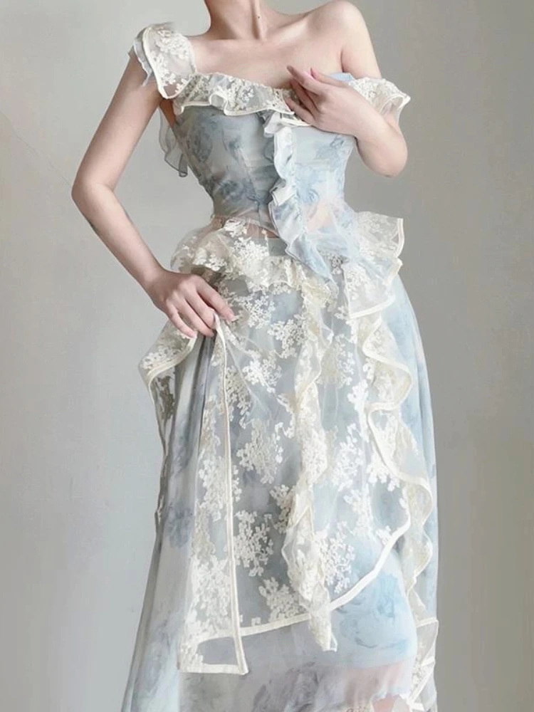 

2023 Summer Elegant Floral 2 Piece Dress Female Korea Fashion Office Lady Midi Dress + Sexy Y2k Crop Top Lace Beach Vintage Suit