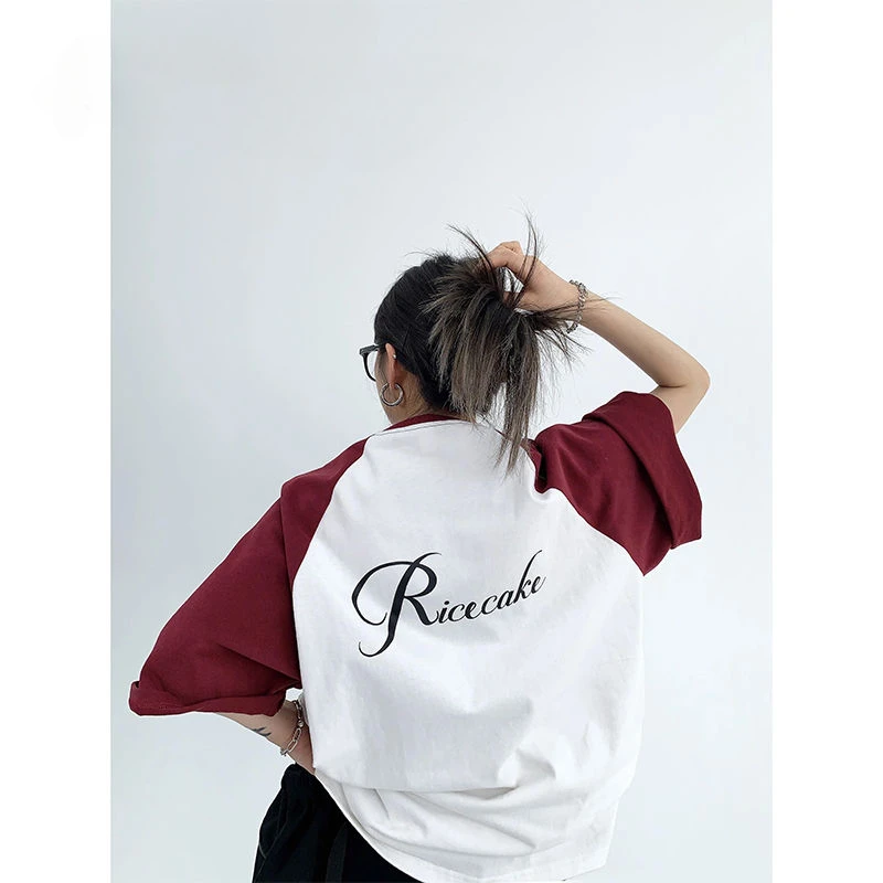 

American niche couple raglan sleeve pure cotton T-shirt for men loose retro ins contrasting letter print short sleeves for women