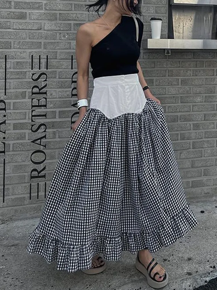 Qiukichonson Plaid Midi Long Skirts Womens Maxi Skirt Summer Korean Style Vintage High Waisted Patchwork Color Ruffle Skirts rok varofi spliced checked high waisted jeans plaid jeans y2k jeans women jeans patchwork jeans wide leg jeans plaid jeans