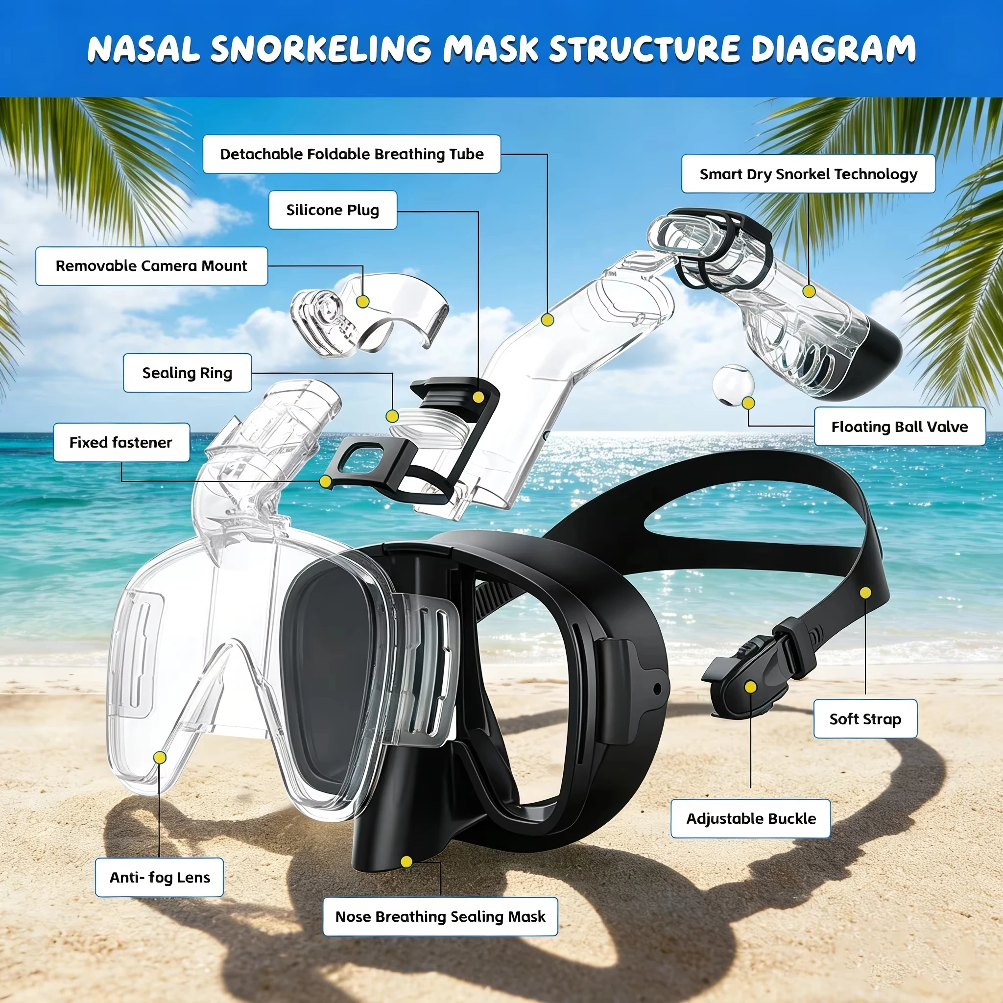 Foldable Anti-Fog Diving and Snorkeling Mask Set with Full Dry Top System