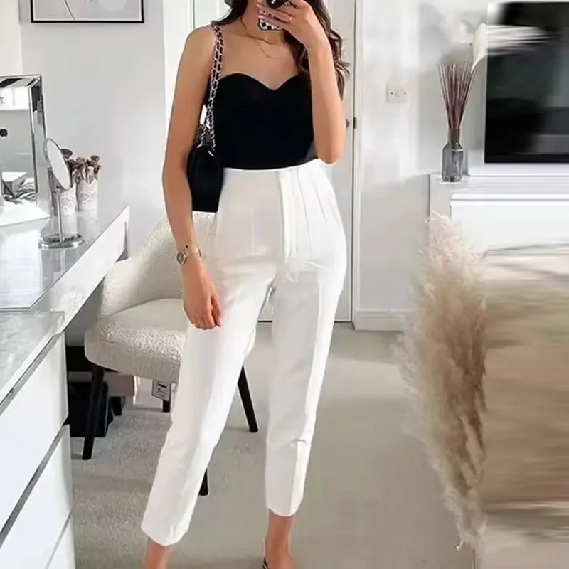 Ladies Pants TRAF Ladies Pants Office Wear Black Pink White Fashion High waist Formal Office outfits Pencil Trousers