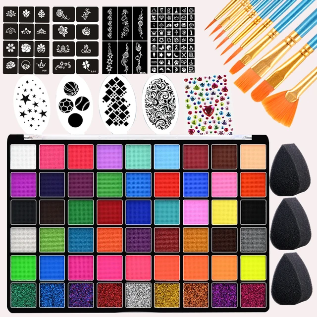 Kit de peinture corporelle et visage professionnelle 54 couleurs pour fêtes ﻿ Kit de peinture pour le visage à base d'eau, non toxique, palette de peinture pour adultes 1