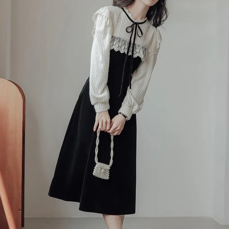 

French Long Sleeve Patchwork Velvet Dress Autumn Winter Women Bow Korea Chic Black Slim Sweet Long Dresses Vestidos Mujer 1462